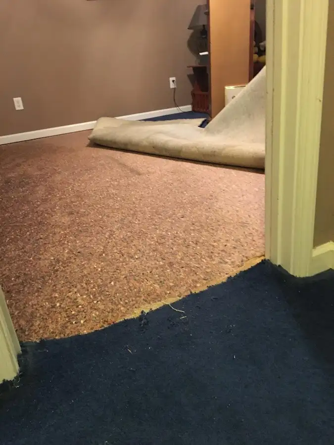 Carpet pad removal revealing water damage during Drying & Dehumidification in Le Ray